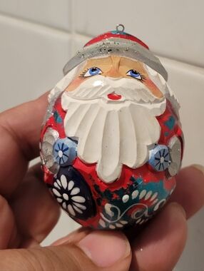 Russian Hand Painted/Carved Santa Claus Wood Ornament 3"
